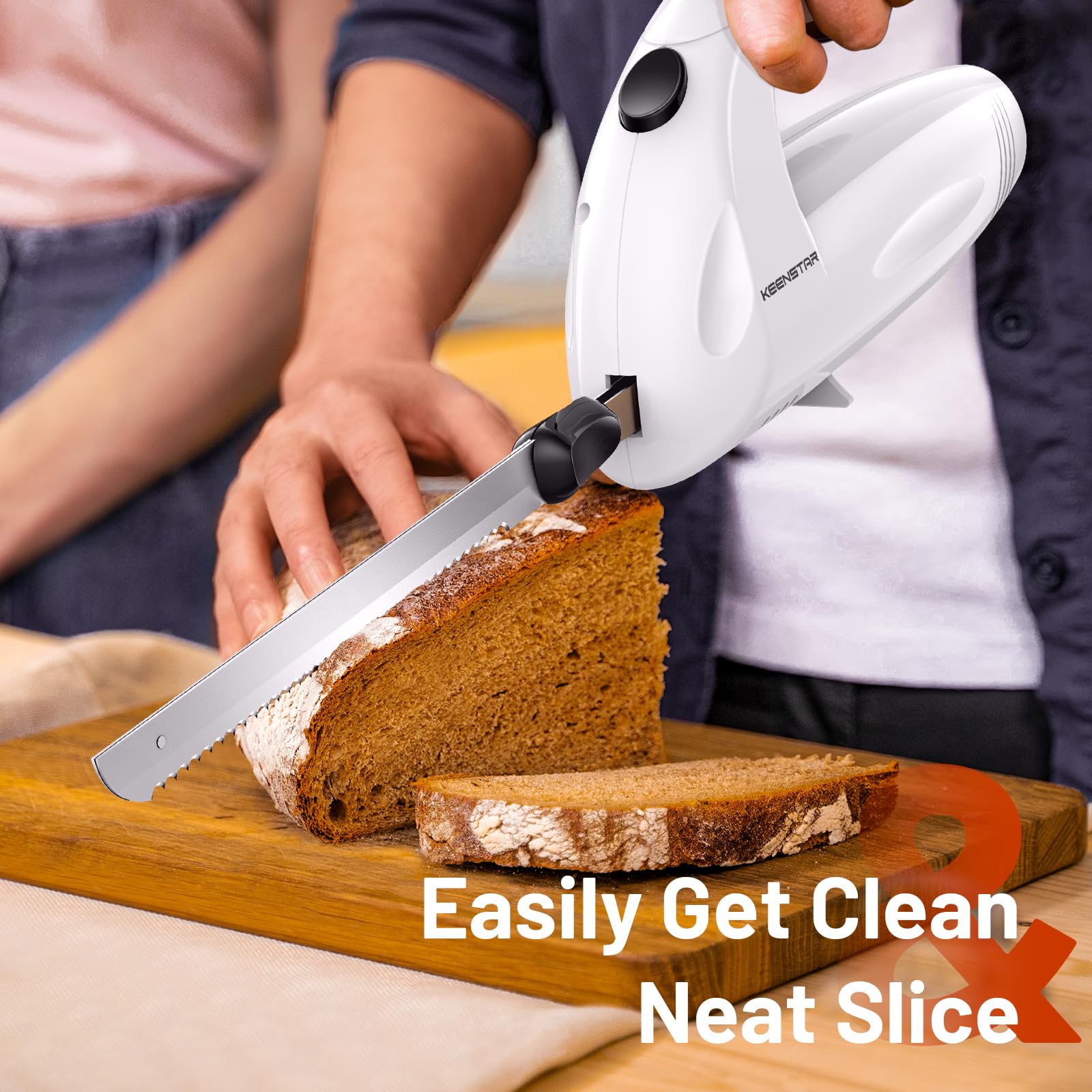 KEENSTAR Electric Knife for Carving Meat, Turkey, Bread, 150W Electric Knife Set with 2 Serrated Stainless Steel Blades & Serving Fork for Slicing Poultry, Ham & More, Ergonomic Handle & Safety Lock