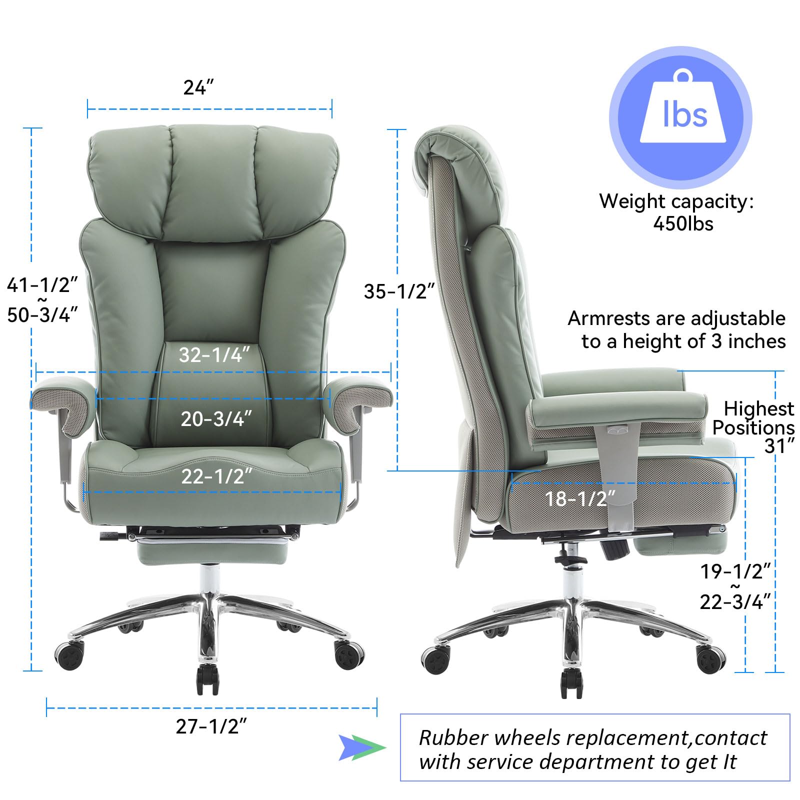 Efomao Big and Tall Office Chair 450lbs, Ergonomic Office Chair, Executive Office Chair for Heavy People, Computer Chair with Foot Rest, High Back Office Chair, PU Leather Green Office Chair