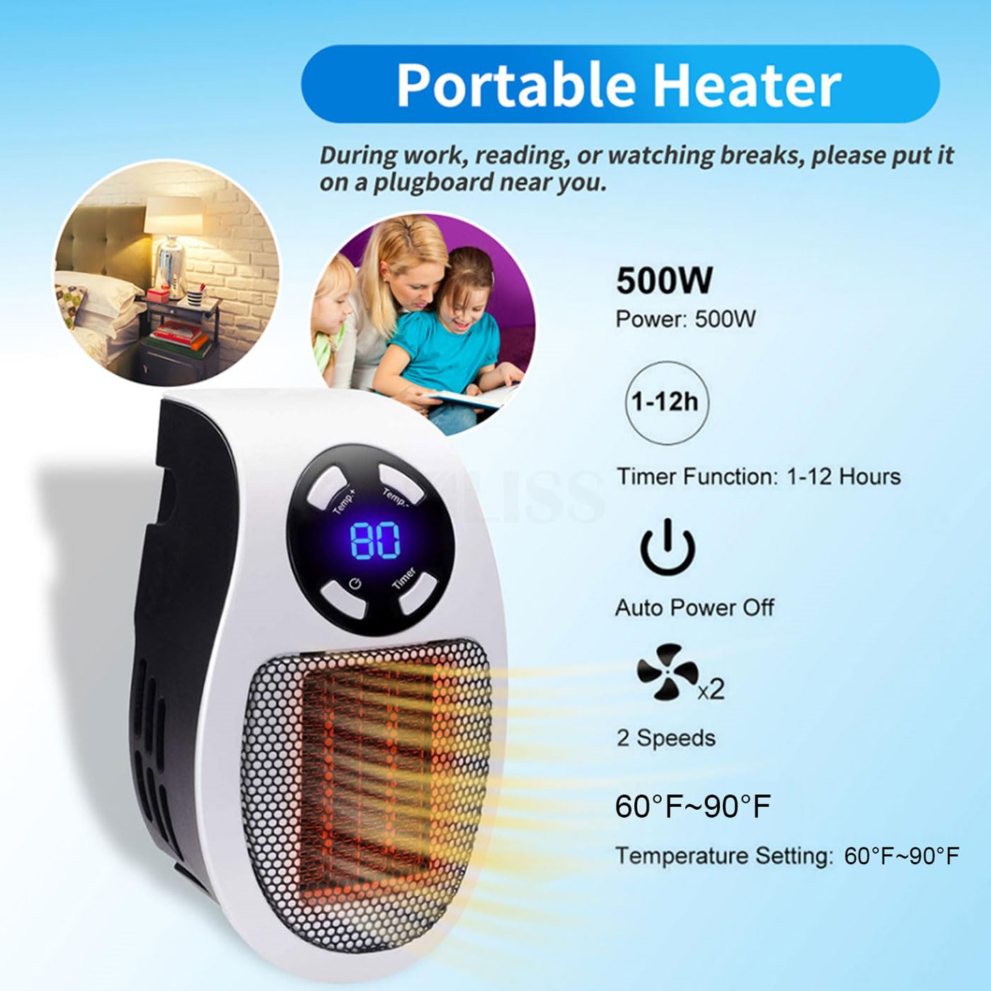 Portable Plug in Heater, 500W Electric Small Space Heater Indoor with Overheat Protection, Adjustable Electronic Thermostat, Precise LED Display Plug in Wall Heaters for Indoor Use