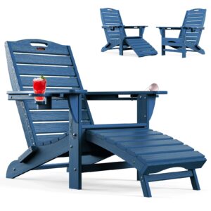 ciokea folding adirondack chair with retractable ottoman fire pit patio chair with pull out foot rest weather resistant lawn outdoor lounge chair with 2 cup holder (navy blue)