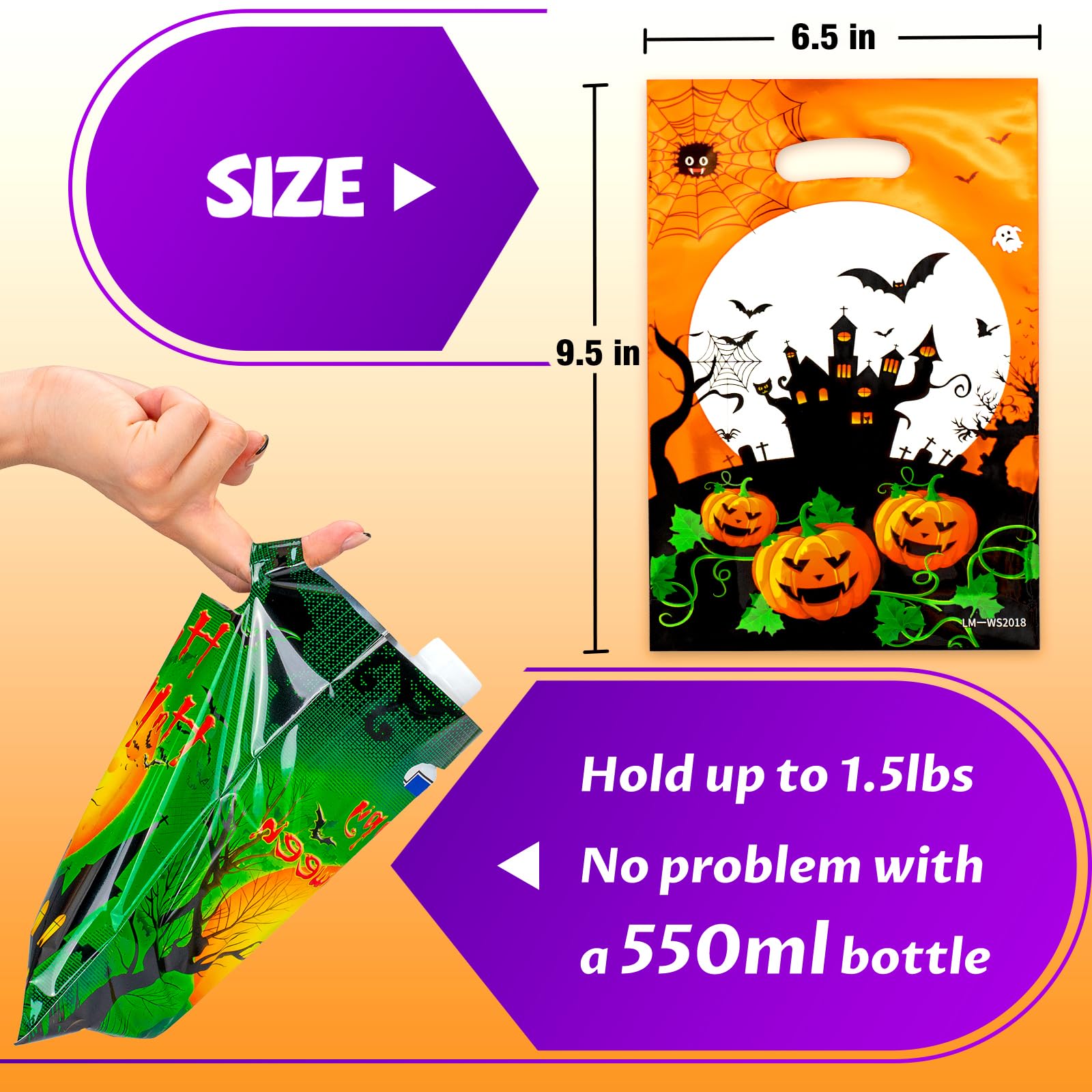 HAPMARS 60 Pcs Halloween Party Favor for Kids Candy Goody Bag, 6 Designs Plastic Trick or Treat Goodie Bags, Halloween Loot Gift Bag with Handles, Party Supplies for Girls Boys, 9.5 * 6.5 Inch