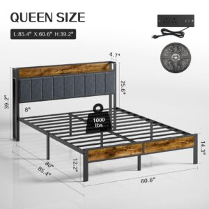 Queen Bed Frame with Headboard, Metal Platform Bed with Smart LED Lights and USB Charging Station, Easy Assembly, No Box Spring Needed