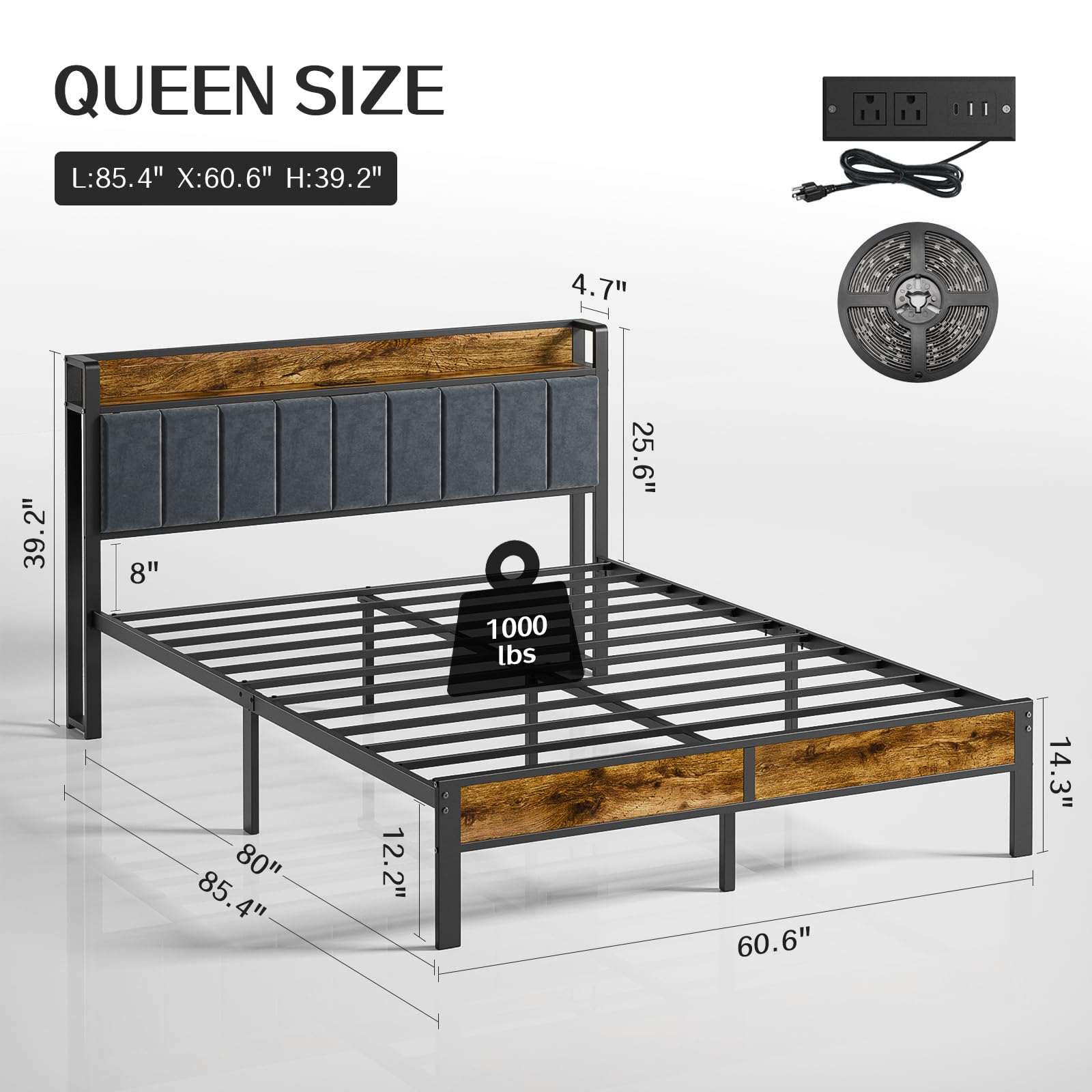 Queen Bed Frame with Headboard, Metal Platform Bed with Smart LED Lights and USB Charging Station, Easy Assembly, No Box Spring Needed