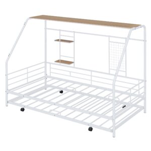 Linique Twin Size Metal House Bed with Trundle,Twin Size Platform Metal Bedframes with Built-in Shelf and Grid,White