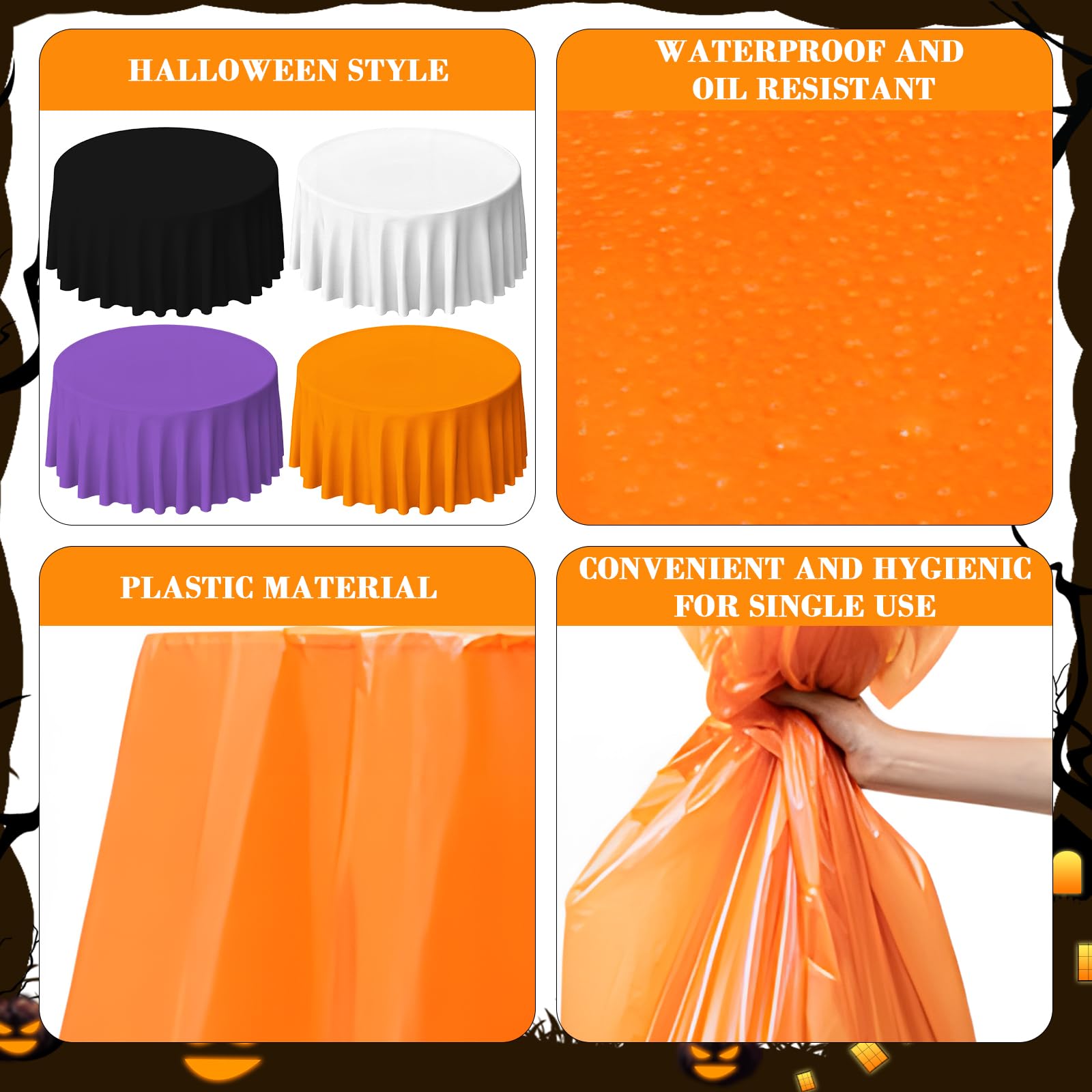 4 Pcs Halloween Round Disposable Tablecloths Waterproof Table Cloths Plastic White Black Purple Orange Round Table Cover for Table Decorations Halloween Party Dining Buffet Outdoor Camping Picnic