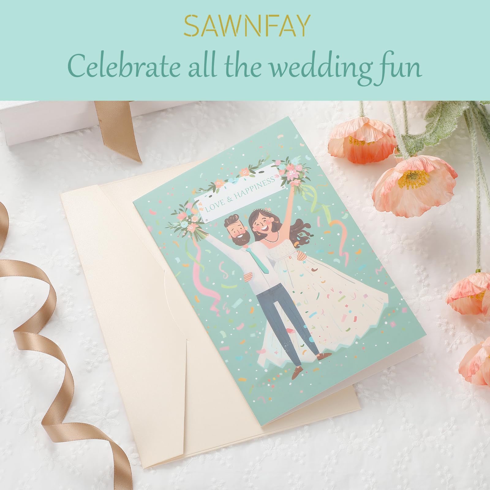 Sawnfay Wedding Card, Bridal Shower Card, Engagement Card, Wedding Cards for Bride and Groom, 8'' x 5.3'' with Envelope (Love and Happiness)