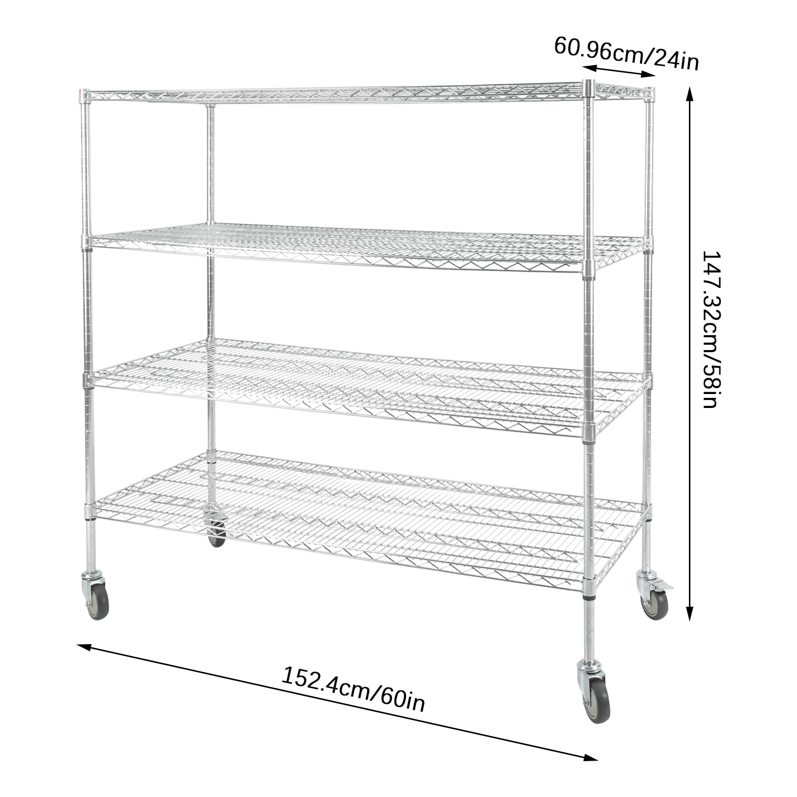 Adjustable Storage Shelves with Wheels, Wire Shelving Unit with Wheels, Metal Shelves for Storage, Pantry Shelves for Kitchen, 4 Tier Metal Shelving, Storage Rack Load 1760LBS, 60" L x 24" W x 58" H