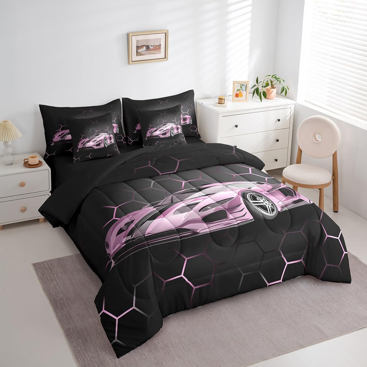 Feelyou Race Car Twin Comforter Set with Sheets for Kids Boys Girls Honeycomb Speed Sports Car Bed in a Bag Pink Extreme Sports Bedding Set 7 Piece Bedroom Decor Geometry Hexagon Theme Bed Set