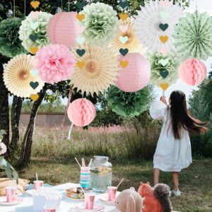 Sage Green and Pink Party Decorations Olive Sage Green Pink Paper Pom Poms Paper Fans Sage Pink Gold Love Heart Garland for Women Girls Sage Pink Birthday Baby Shower Wedding Bridal Shower Party Decor