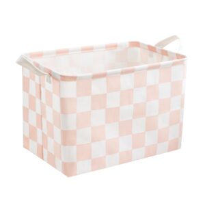 ohocut pink white checkered canvas basket, rectangular organizing decorative storage basket for kids girls dog cat toy, cute aesthetic checkered room decor for home, bedroom, classroom, shelves