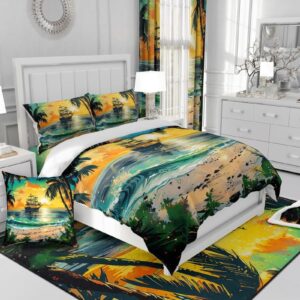 Erosebridal Coconut Tree Duvet Cover Hawaii Ocean Beach Botanical Quilt Cover Sailboat Sunset Print Comforter Cover Nature Tropical Landscape Theme Bedspread Cover Summer Holiday Room Decor Queen