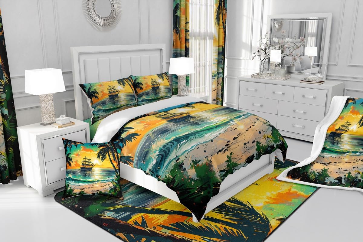 Erosebridal Coconut Tree Duvet Cover Hawaii Ocean Beach Botanical Quilt Cover Sailboat Sunset Print Comforter Cover Nature Tropical Landscape Theme Bedspread Cover Summer Holiday Room Decor Queen