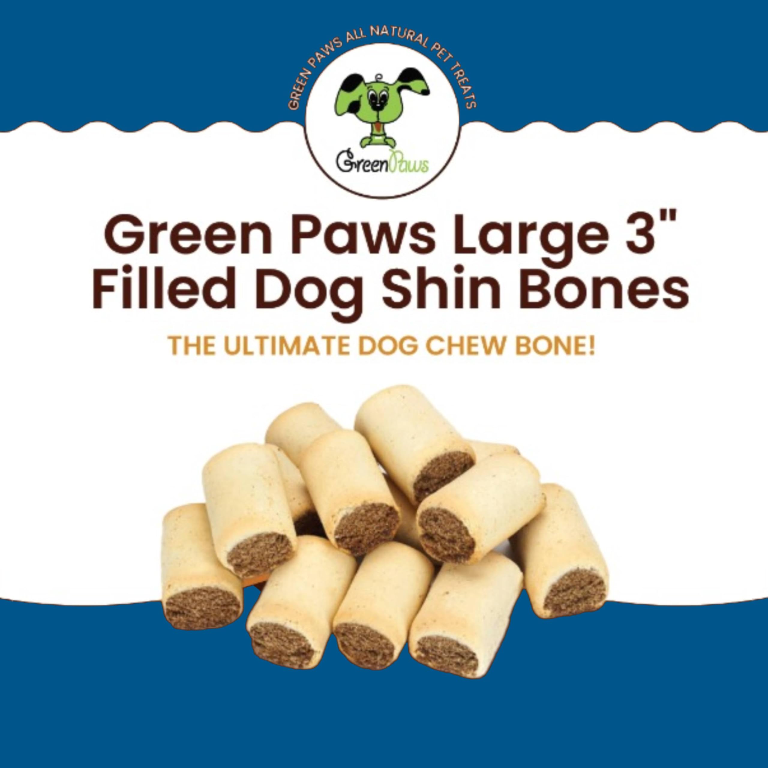 green paws Large 3” Filled Dog Shin Bones 3 Flavors – Slow, Long Lasting Stuffed Femur Treat for Aggressive Chewers - Pack of 5