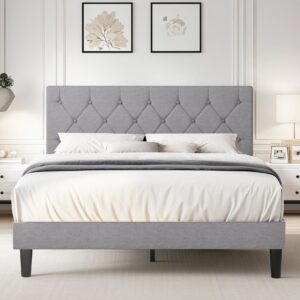 vecelo full bed frame with button tufted headboard, upholstered platform bedframe with wood slat support, no box spring needed, grey