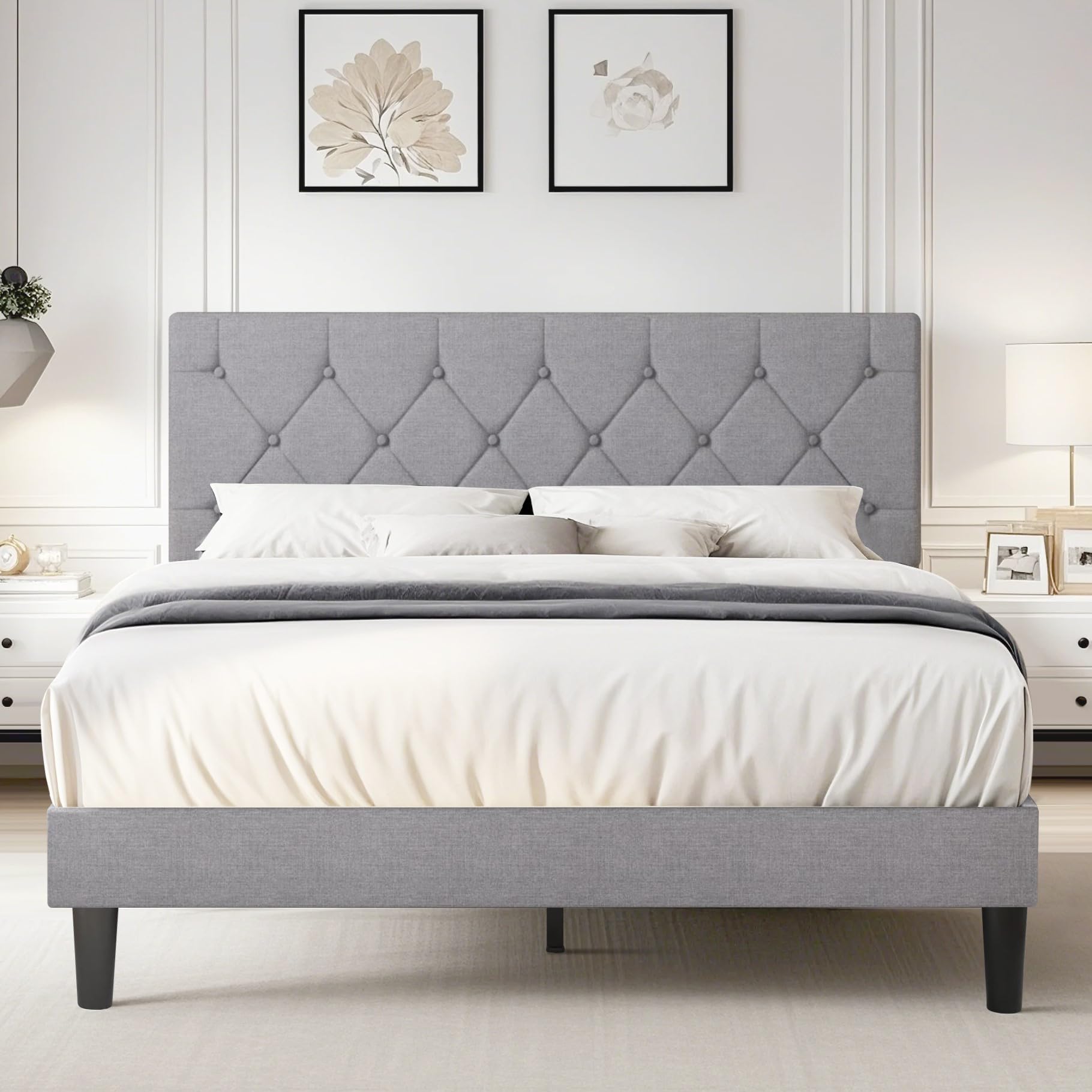 VECELO Full Bed Frame with Button Tufted Headboard, Upholstered Platform Bedframe with Wood Slat Support, No Box Spring Needed, Grey