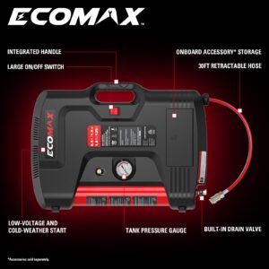 ECOMAX Portable Air Compressor, Wall-Mount Compressor with 30 Feet Air Hose, Mini Tank 125 PSI MAX Pressure & 1.5 HP, Oil-free Long Life Cycle for Shop, Garage and Home