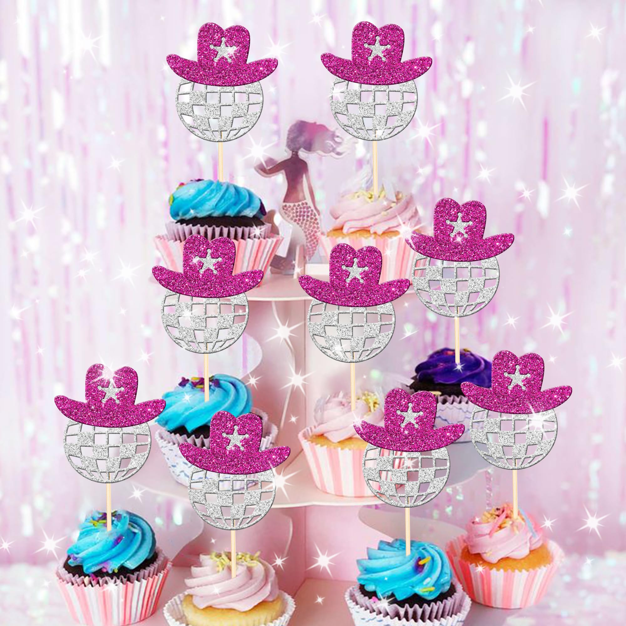 24 PCS Disco Ball Cowgirl Hat Cupcake Toppers Glitter Star Western Cowboy Hat Disco Balls Cupcake Picks for 1970s Disco Music Theme Wedding Bridal Shower Birthday Party Cake Decorations Supplies