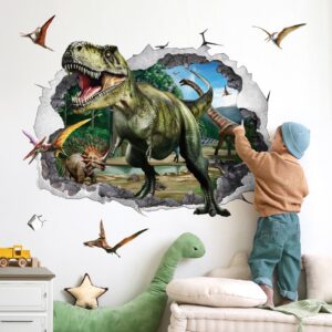 wondever 3d large dinosaur wall stickers dino crack hole dinosaur animal peel and stick wall art decals for boys room baby nursery kids bedroom