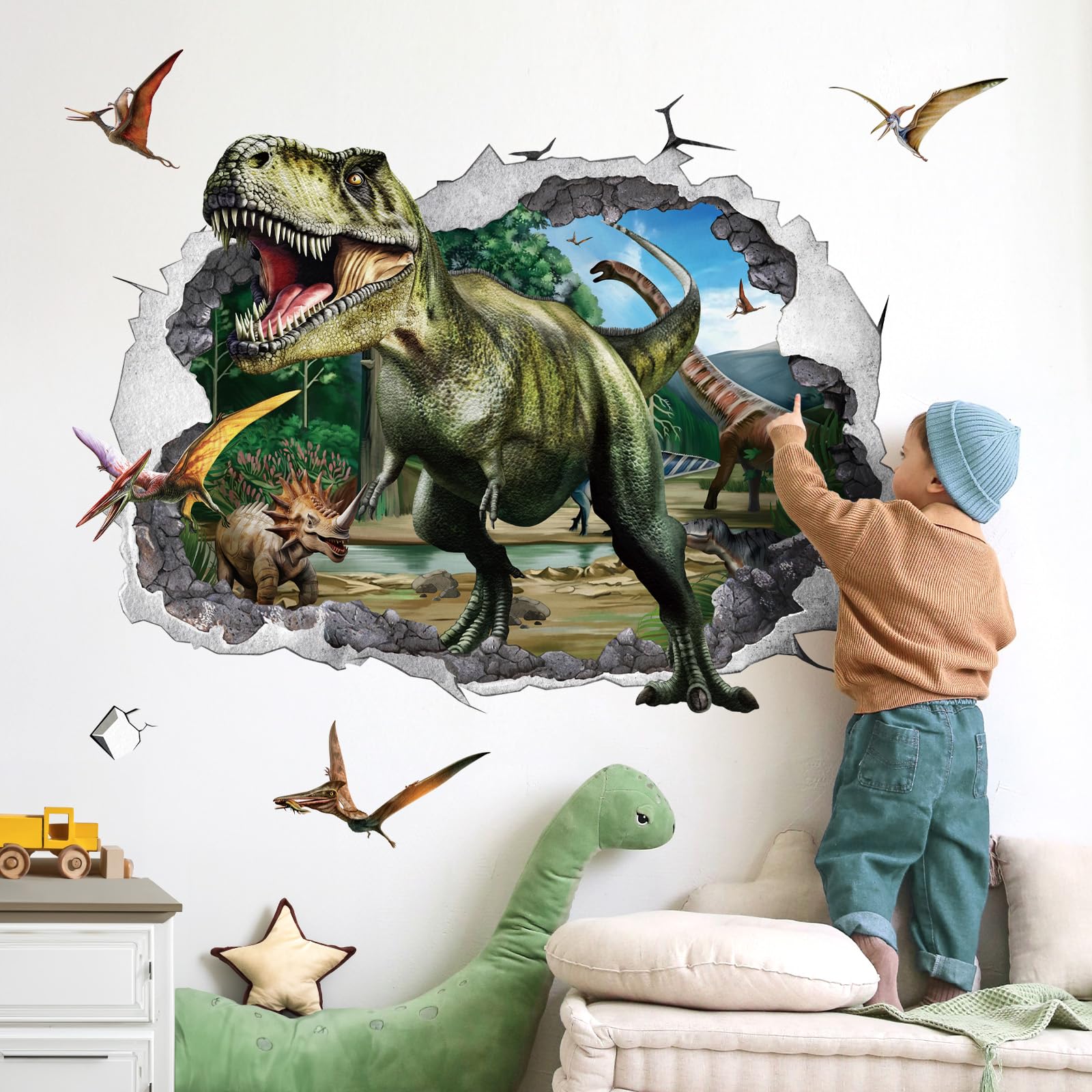 wondever 3D Large Dinosaur Wall Stickers Dino Crack Hole Dinosaur Animal Peel and Stick Wall Art Decals for Boys Room Baby Nursery Kids Bedroom