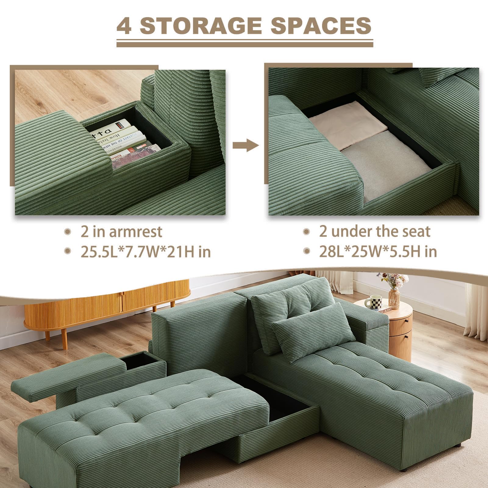 UPYOOE Modular Sectional Sofa, Convertible 3 in 1 Sleeper Sofa Bed with 4 Storage Space, King Size Pull Out Bed, 77''-111'' Wide Sectional Couch, Loveseat Sofa Chaise for Living Room, Corduroy Green