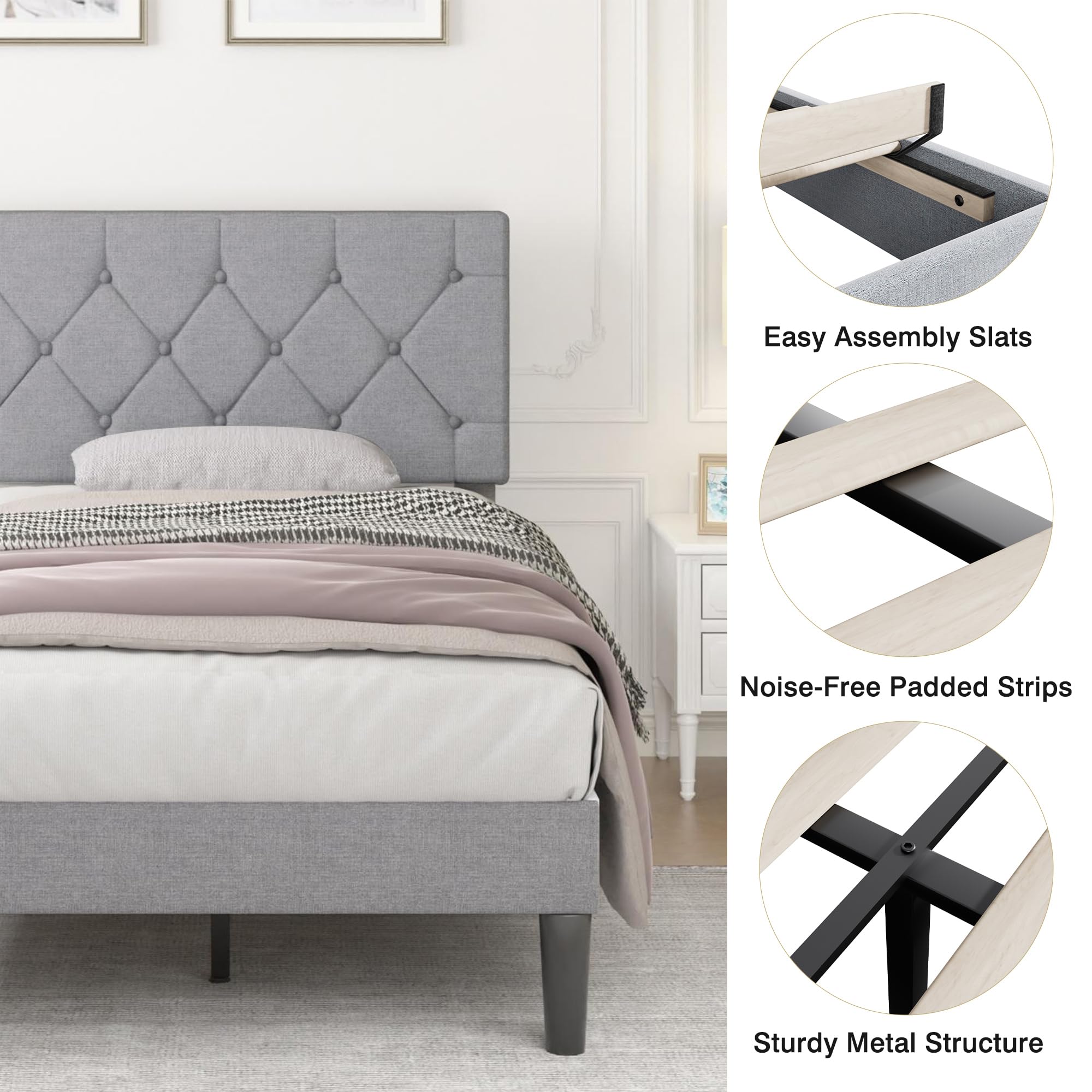 VECELO Twin Bed Frame with Button Tufted Headboard, Upholstered Platform Bedframe with Wood Slat Support, No Box Spring Needed, Grey