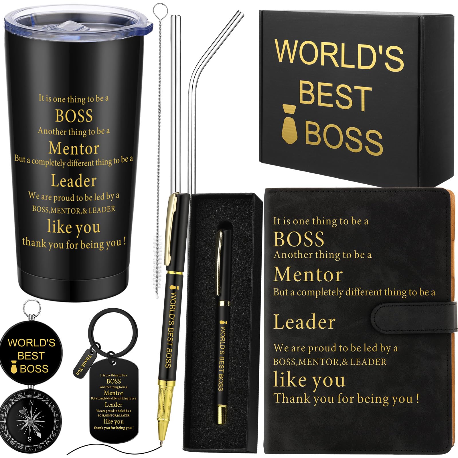 6 Pcs World's Best Boss Gifts for Men World's Best Boss Mug Set Christmas Birthday Office Gifts for Boss Include 20 oz Stainless Steel Tumbler Notebook Ballpoint Pen with Gift Box Keychain Compass