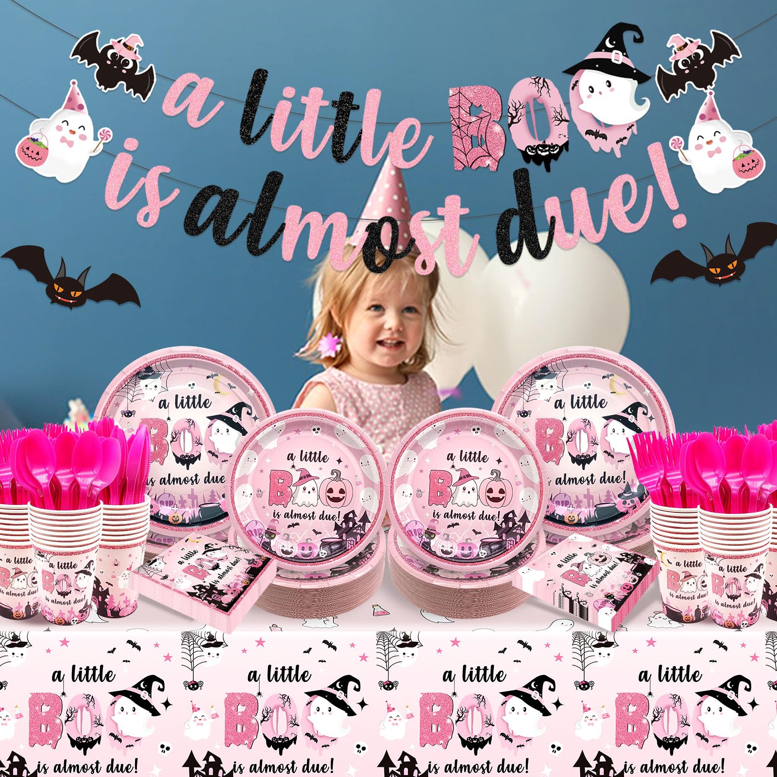 Yavxzvbw 183Pcs A Little Boo Is Almost Due Decorations Little Boo Baby Shower Decorations Girl Halloween Tableware Halloween Plates and Napkins for Halloween Baby Shower Decorations for Girl