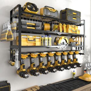 soyeeze power tool organizer, drill holder wall mount, 4 layers tool storage, heavy duty garage 8 drill storage shelf with hammer/screwdriver/hooks rack, extra large capacity