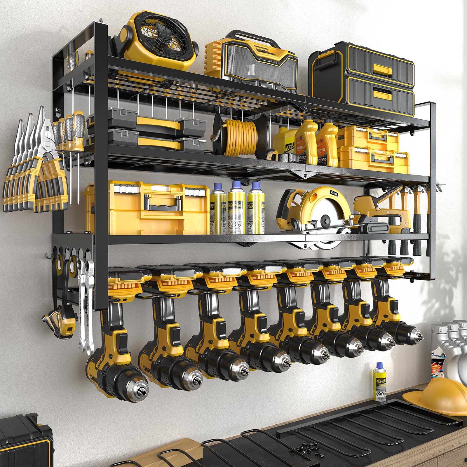 SOYEEZE Power Tool Organizer, Drill Holder Wall Mount, 4 Layers Tool Storage, Heavy Duty Garage 8 Drill Storage Shelf with Hammer/Screwdriver/Hooks Rack, Extra Large Capacity