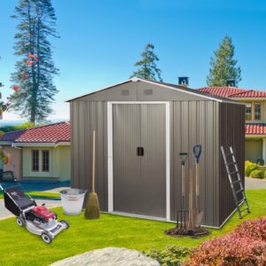 CuisinSmart 8 x 6 Ft Outdoor Storage Shed, All Weather Metal Sheds with Lockable Doors, Floor, Sloping Roof and 2 Vent, Outside Waterproof Tool Shed for Garden, Patio, Backyard, Lawn,Gray