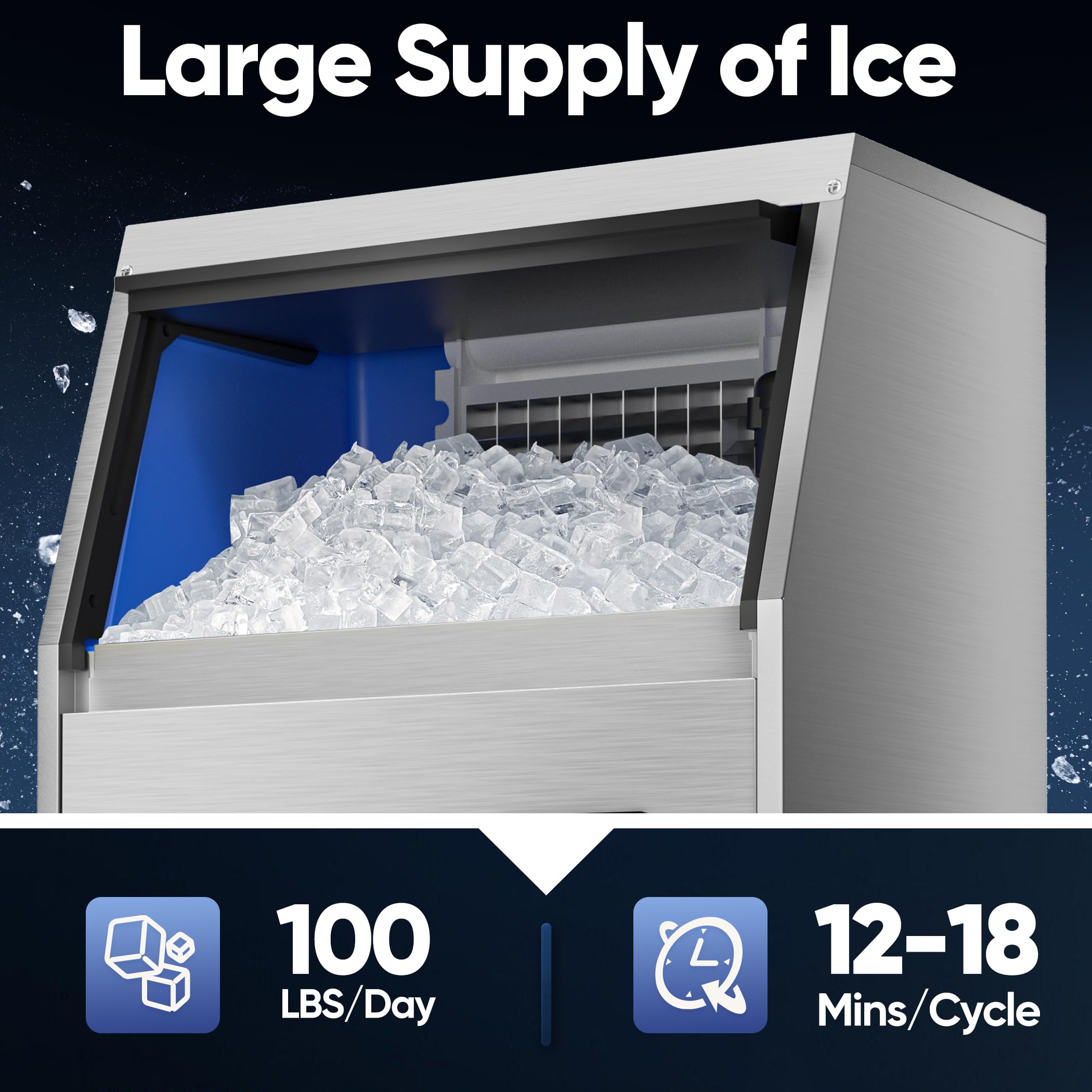 Coolski Commercial Ice Maker Machine 100LBS/24H, Under Counter Ice Maker with 34LBS Storage Capacity, Stainless Steel Ice Machine for Restaurant Home Bar, DOE