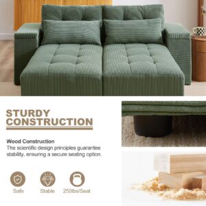 UPYOOE Modular Sectional Sofa, Convertible 3 in 1 Sleeper Sofa Bed with 4 Storage Space, King Size Pull Out Bed, 77''-111'' Wide Sectional Couch, Loveseat Sofa Chaise for Living Room, Corduroy Green