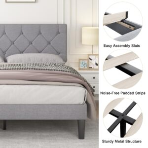 VECELO Full Bed Frame with Button Tufted Headboard, Upholstered Platform Bedframe with Wood Slat Support, No Box Spring Needed, Grey