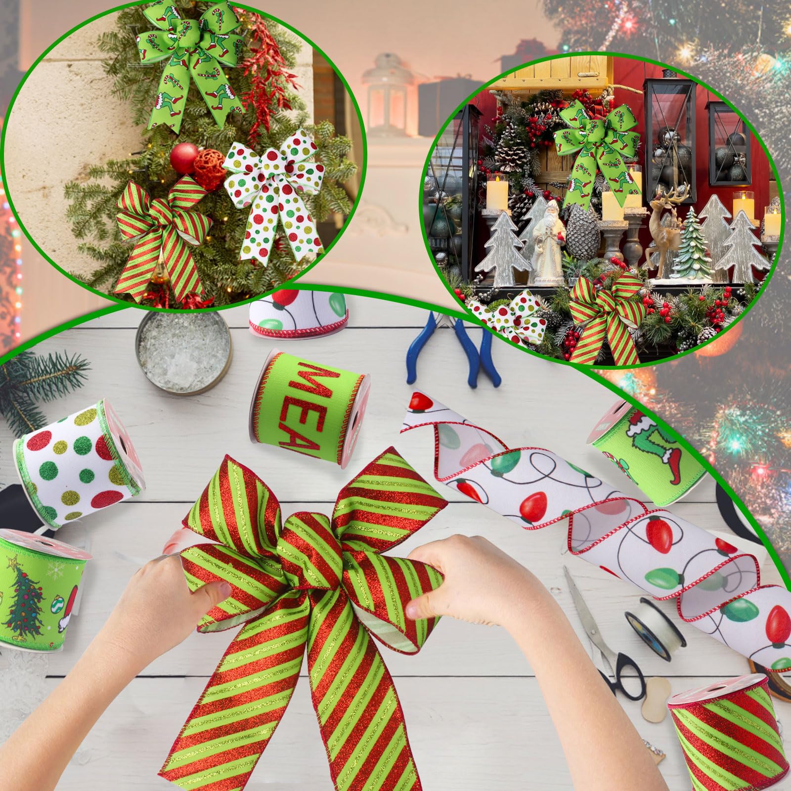 Wninbu Christmas Ribbon Wired 2.5 Inch,6 Roll 30 Yards Red and Green Christmas Ribbon for Wreaths Bows,Christmas Ribbon Wired Edge for Tree Garland DIY Xmas Crafts Christmas Decorations