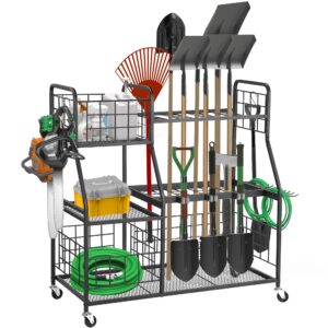 rengue large garden tool organizer 3 tier yard tool rack with slots & hooks, heavy duty metal shelf yard tool holder, utility stand rack for garage organization and storage for garage, backyard, lawn