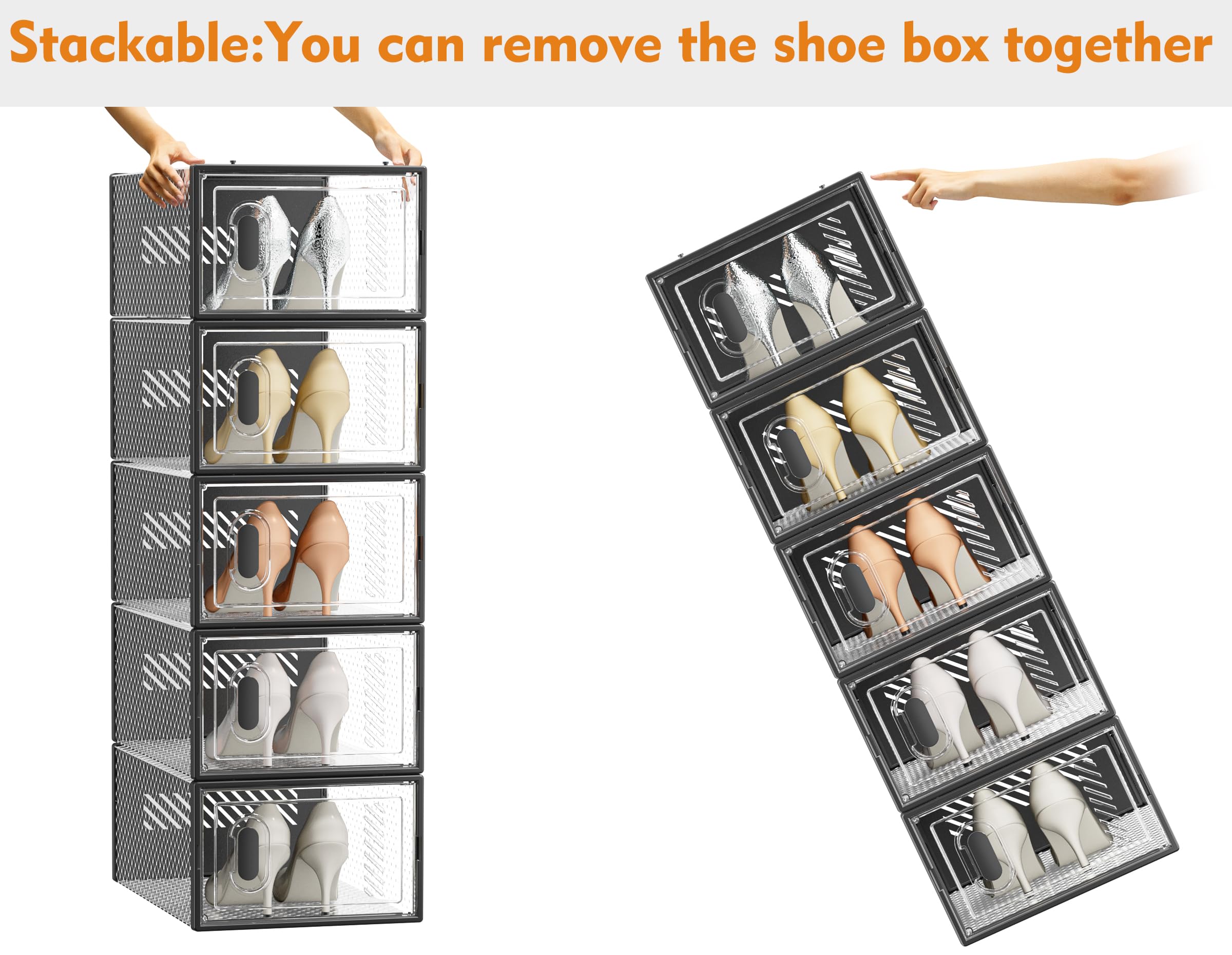 SIMPDIY Shoe Storage, 12 Pack Shoe Organizer for Closet, Shoe Boxes Clear Plastic Stackable Shoe Containers with Lids for Size 10, Black