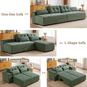 UPYOOE Modular Sectional Sofa, Convertible 3 in 1 Sleeper Sofa Bed with 4 Storage Space, King Size Pull Out Bed, 77''-111'' Wide Sectional Couch, Loveseat Sofa Chaise for Living Room, Corduroy Green