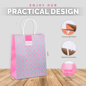 Racrico Paper Gift Bags,12 Pack of Paper Gift Bags with Handles in Solids and Geometric Patterns Unique Design,12.5X5X10 INCH Paper Gift Bags Bulk with Stickers For Birthdays,Party Favor,Reusable & Durable