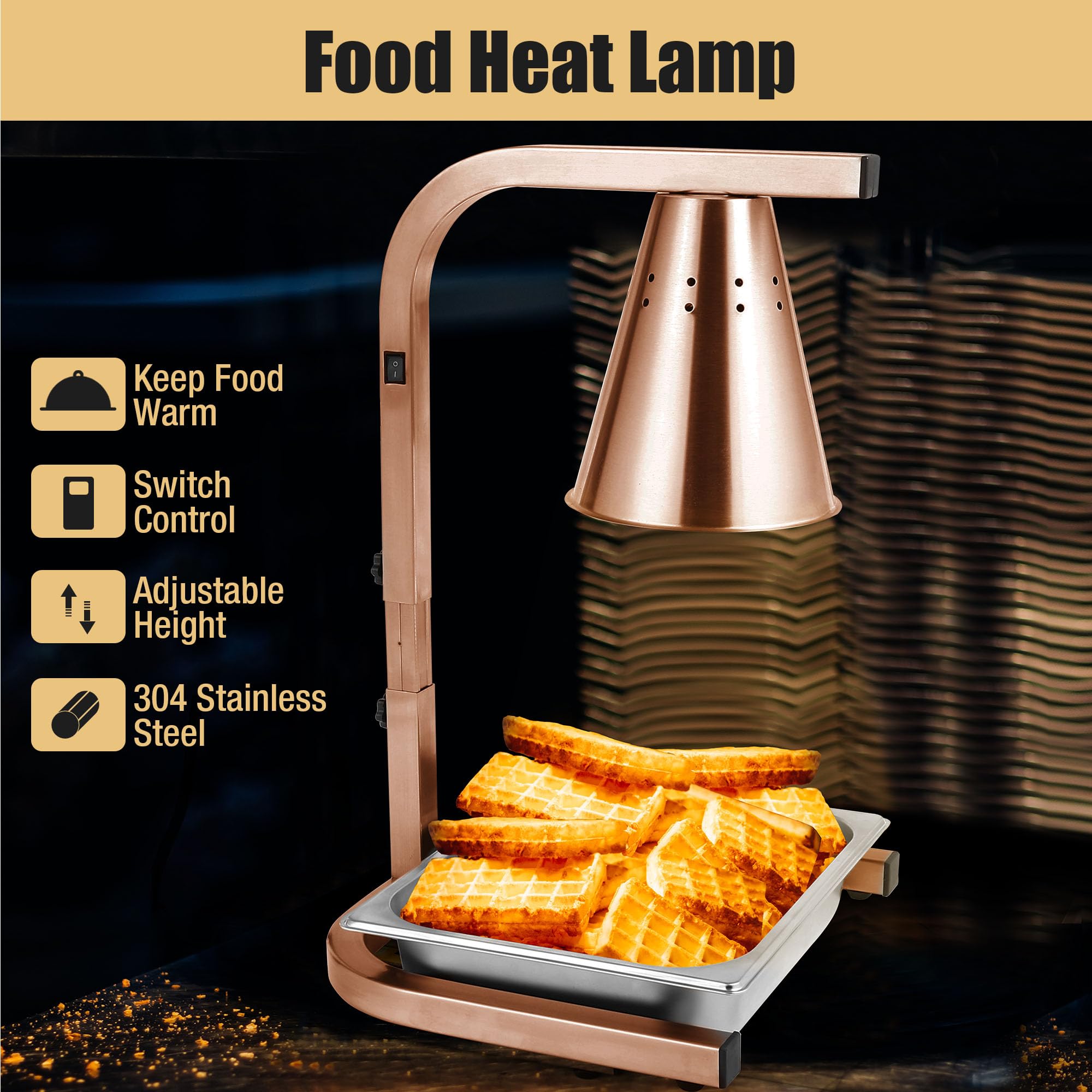 Restlrious Food Heat Lamp Freestanding Commercial Head Food Warmer, Gold Frame Stainless Steel 120V Electric Fan-Shaped Lampshade Food Heat Lamp with 250W Bulb & 1/2 Food Pan, for Buffet Food Service