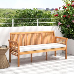 RELAX4LIFE 62.5’’ Outdoor Bench Acacia Wood - 3-Person Patio Bench w/Backrest, Armrests & Removable Seat Cushion, Slatted Wooden Garden Bench for Front Porch Park Backyard, 1200 LBS Weight Capacity