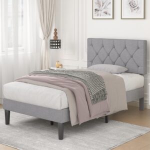 VECELO Twin Bed Frame with Button Tufted Headboard, Upholstered Platform Bedframe with Wood Slat Support, No Box Spring Needed, Grey