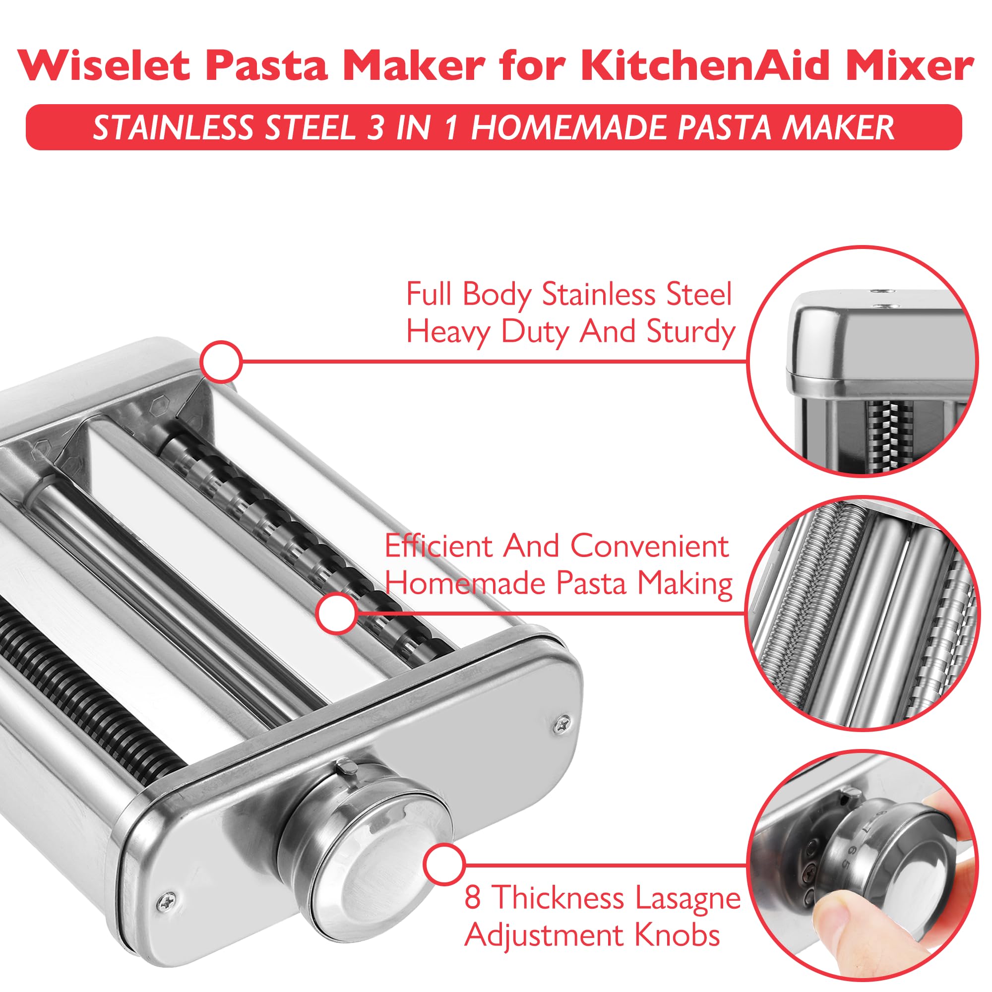 Wiselet Stainless Steel 3 In 1 Pasta Maker Attachment for KitchenAid Stand Mixer, Included Pasta Sheet Roller Spaghetti and Fettucine Cutter, Heavy Duty Sturdy and Durable