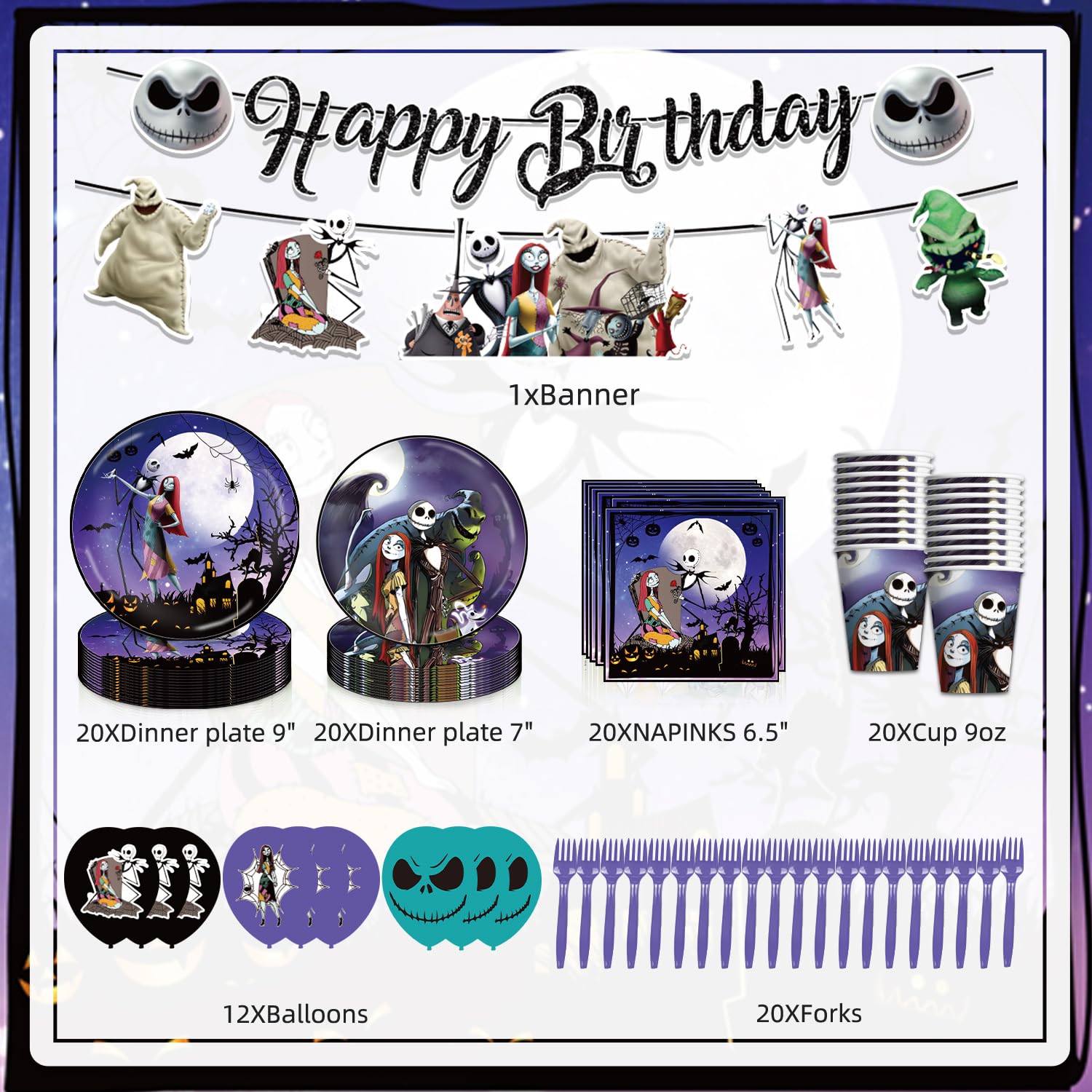 114pcs Nightmare Christmas Birthday Decorations Halloween Tableware Set Includes Happy Birthday Banner, 9 Inches Plates, 7 Inches Plates, Napkins, Cups, Fork, Balloons and Tablecloth for Serve 20