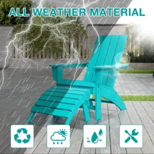 Adirondack Chair with Ottoman Weather Resistant Fire Pit Chairs with Footrest HDPE Outdoor Adirondack Chair for Patio Front Porch Pool Garden Deck Fire Pit Outside, Teal