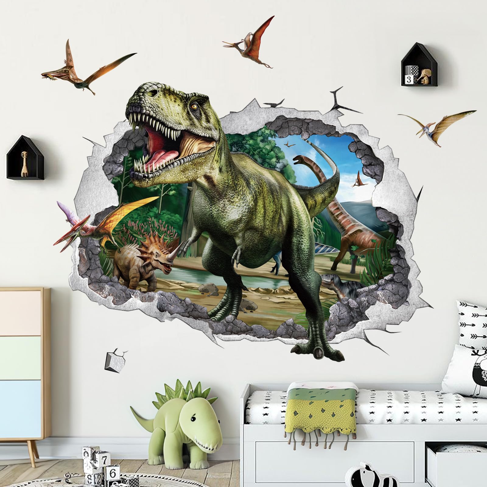 wondever 3D Large Dinosaur Wall Stickers Dino Crack Hole Dinosaur Animal Peel and Stick Wall Art Decals for Boys Room Baby Nursery Kids Bedroom