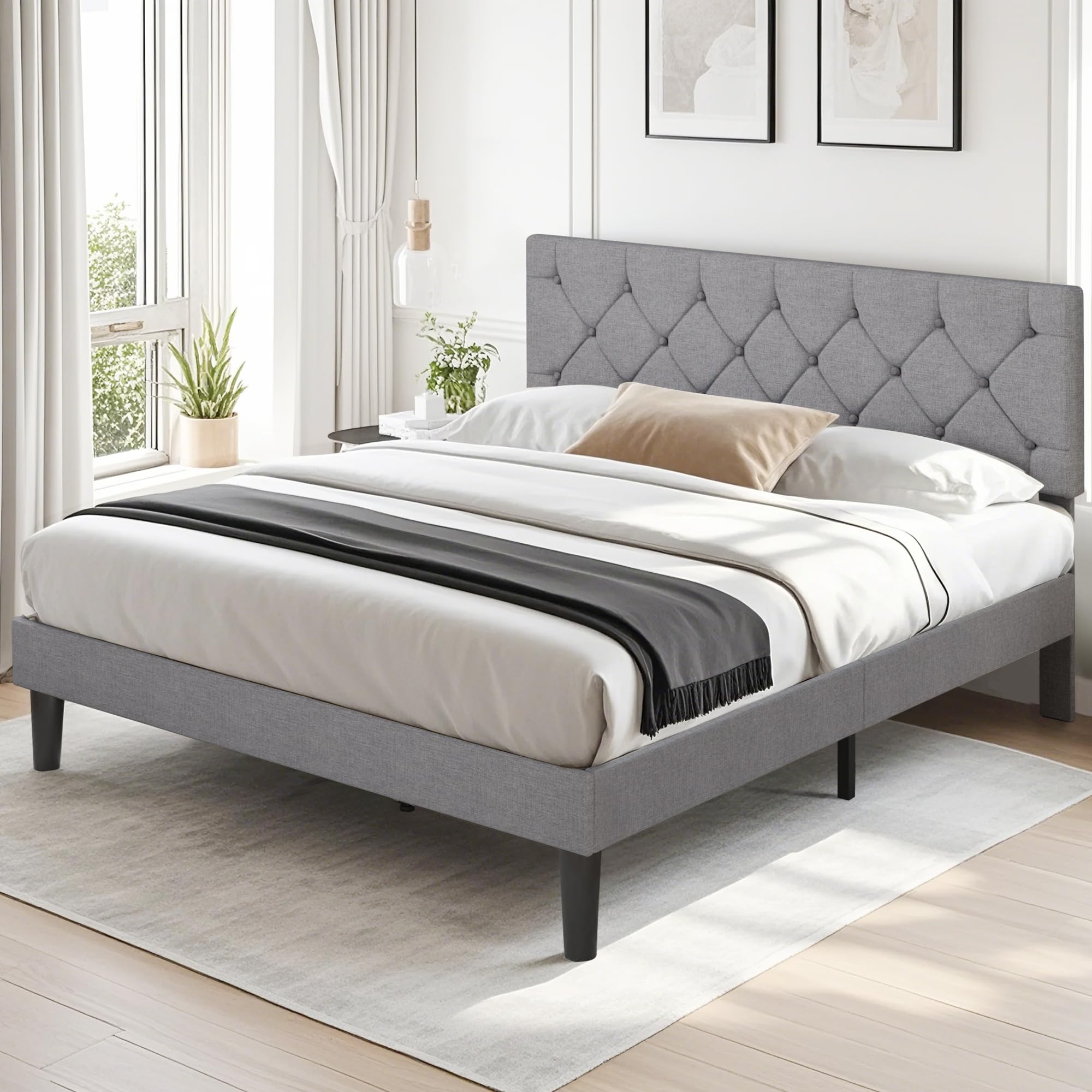 VECELO Full Bed Frame with Button Tufted Headboard, Upholstered Platform Bedframe with Wood Slat Support, No Box Spring Needed, Grey