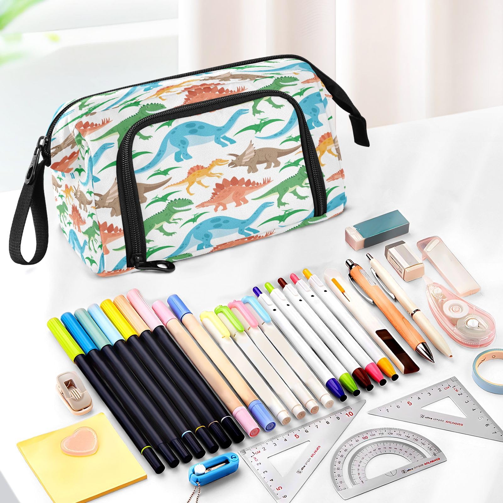 DEHOZO Portable Pencil Case Pen Bag with Zipper, Dinosaurs Dino Animals Large Pencil Pouch Pen Case Stationery Bag for Office School Student, Multifunctional Pen Box for Girl Boy Men Women