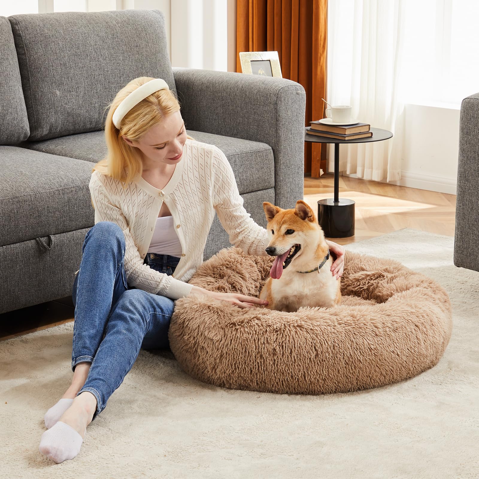 Sweetcrispy Calming Dog Bed for Large Dogs, Washable Large Pet Bed, 36 Inch Anti-Slip Round Fluffy Plush Faux Fur Dog Bed, Fits up to 90 lbs Pets, Brown