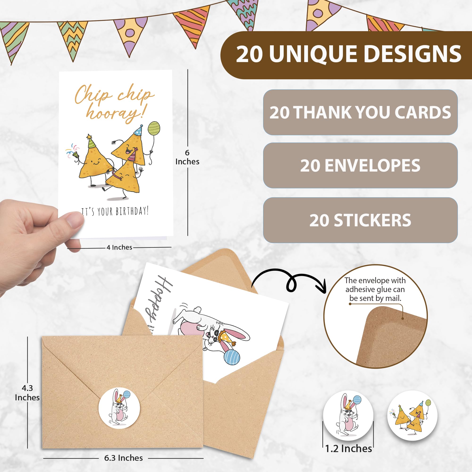 20 Funny Birthday Cards (4"x6") with 20 Envelopes & Stickers, Mixed Humor Greeting Card Variety Pack for Friend Teacher, Cartoon Lighthearted Birthday Cards for Women, Cheerful Happy Birthday Card For Kids