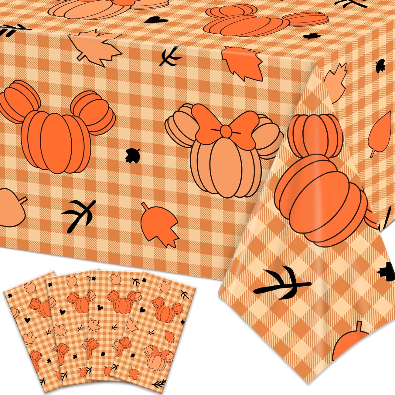 Fall Decorations Fall Tablecloth 4Pcs Pumpkin Mouse Head Rectangle Table Cloth Thanksgiving Autumn Maple Leaves Table Cover Plastic Disposable Table Cover for Fall Party Supplies 108 x 54 Inches